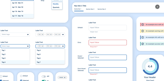 Components in UI design include buttons, text fields, range and date selector, etc.