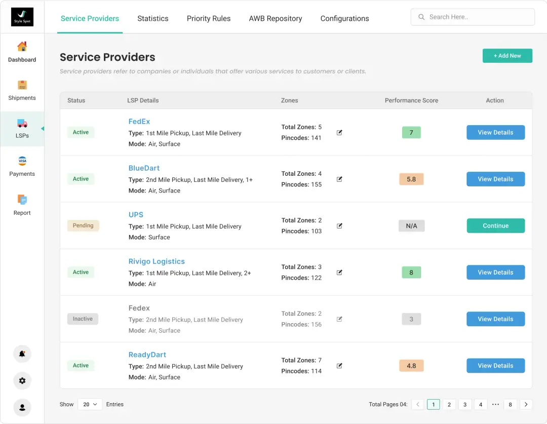 UI Screen of Service Provider Details, thier status, performance, etc.