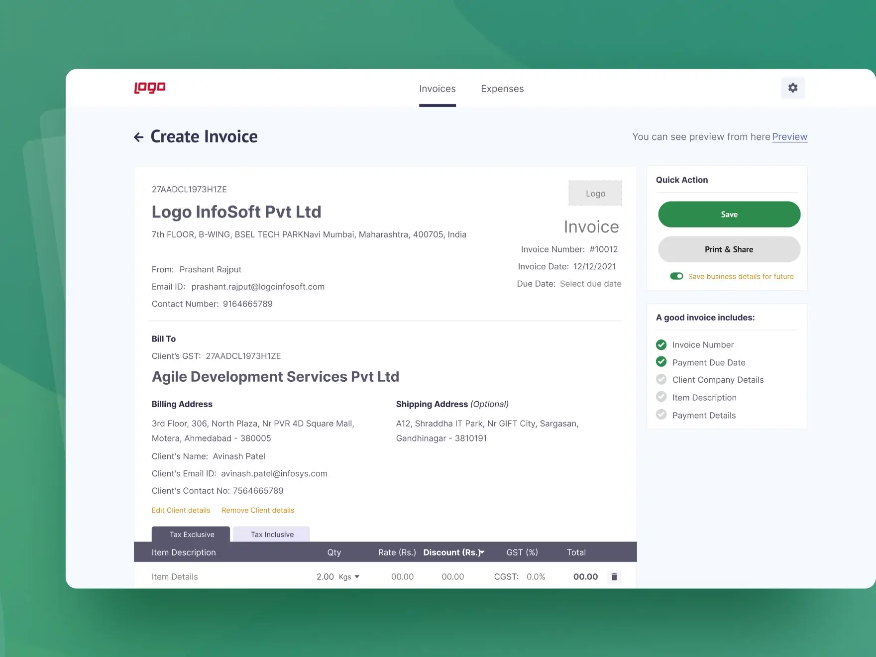 UI Screen to create invoice