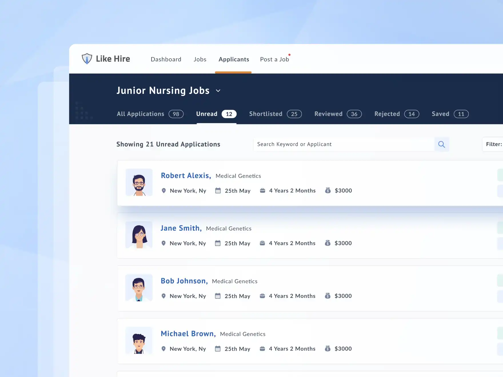 UI Design of the Job Applicants Screen