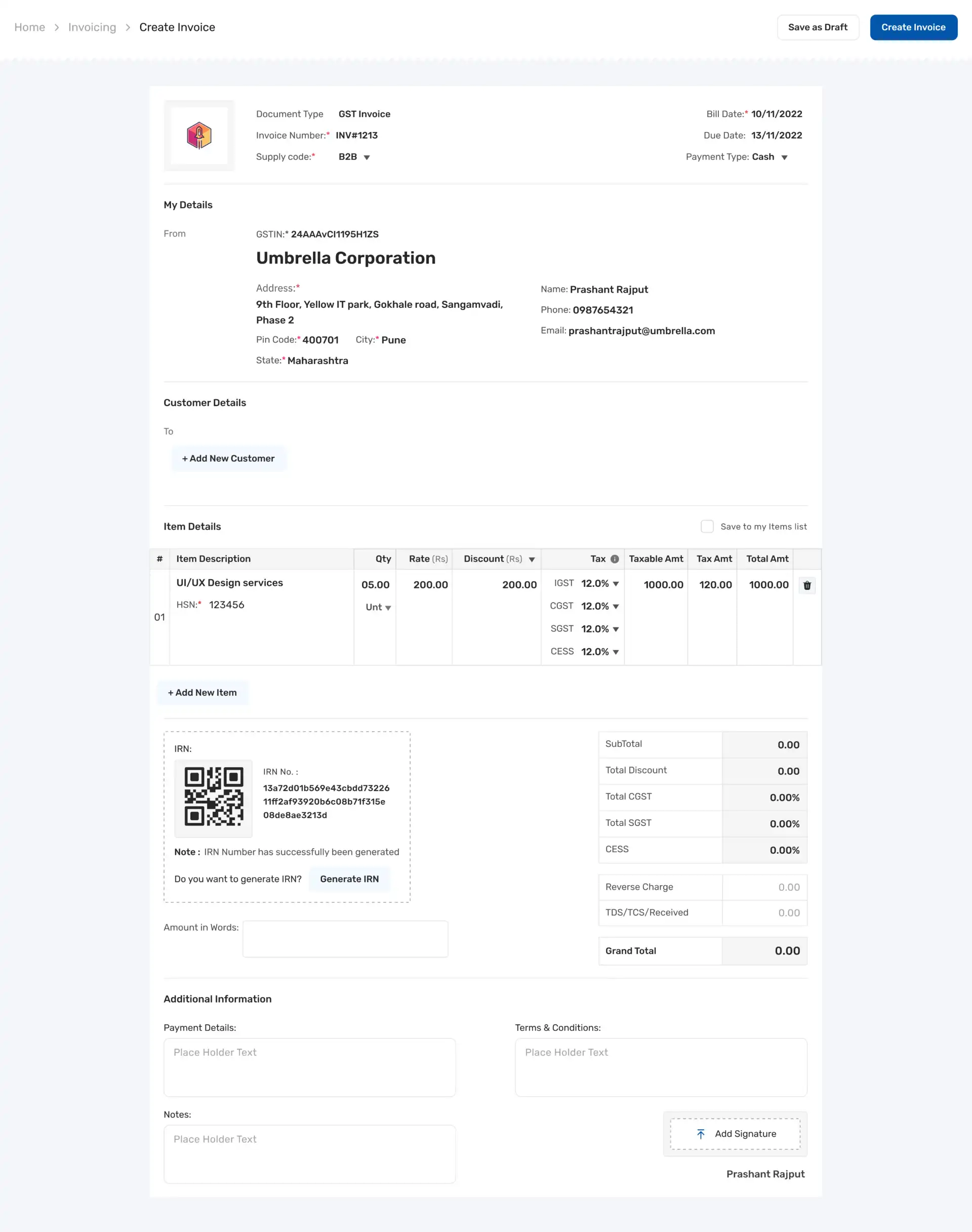 UI screen to create invoice and check details