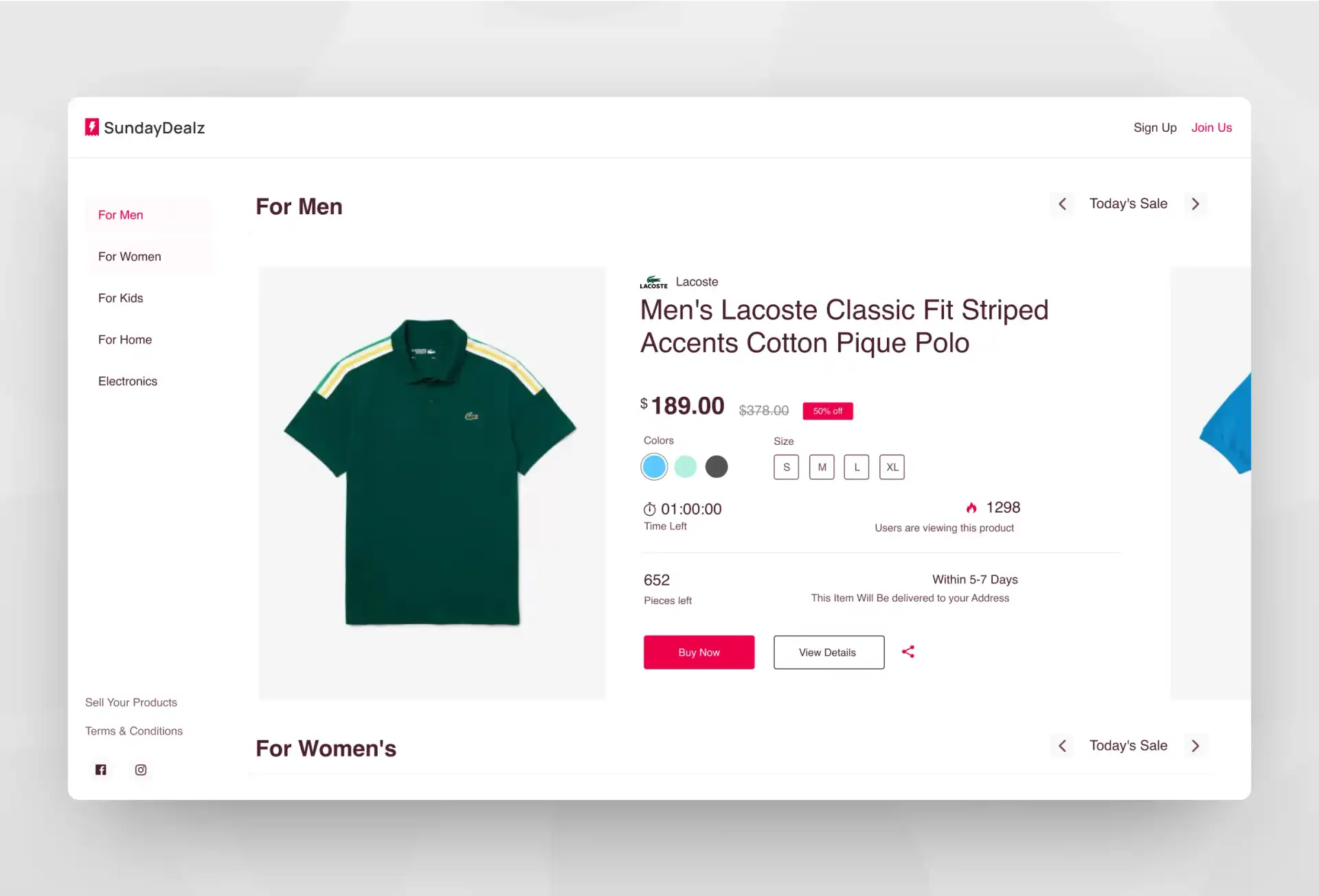 UI screen of men's product page