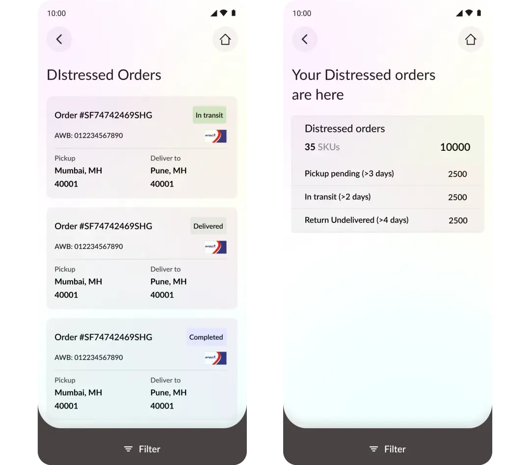 Mobile UI Screen to check distressed order status