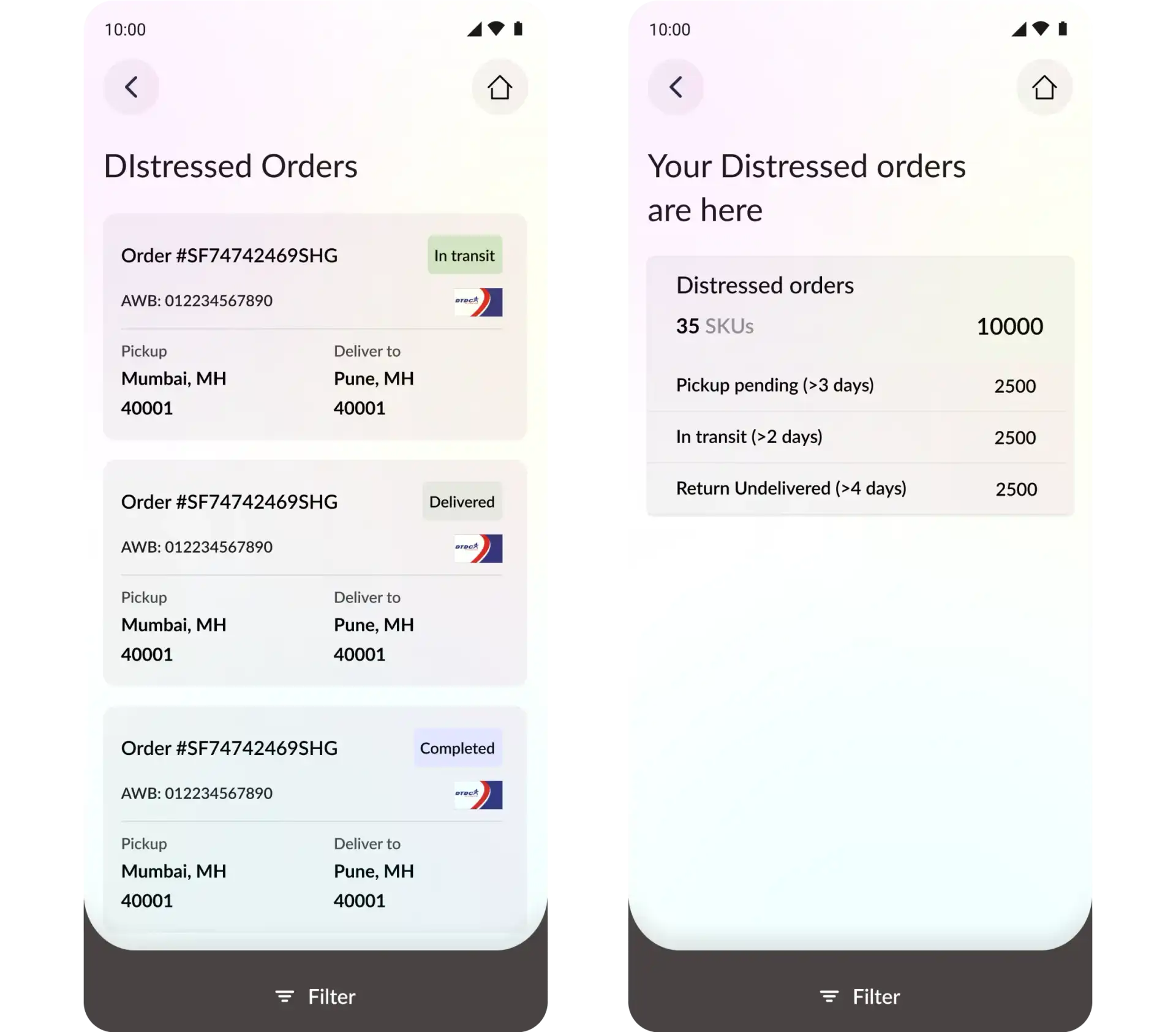 Mobile UI Screen to check distressed order status