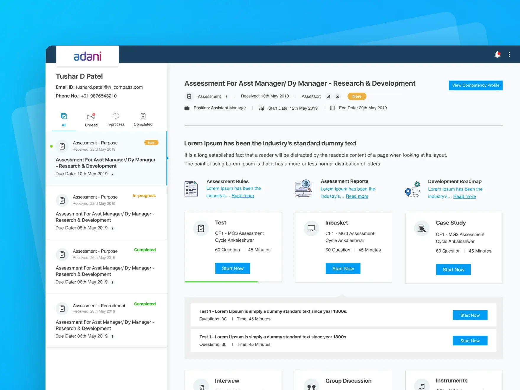 UI UX of Employee Assessment platform for various job positions