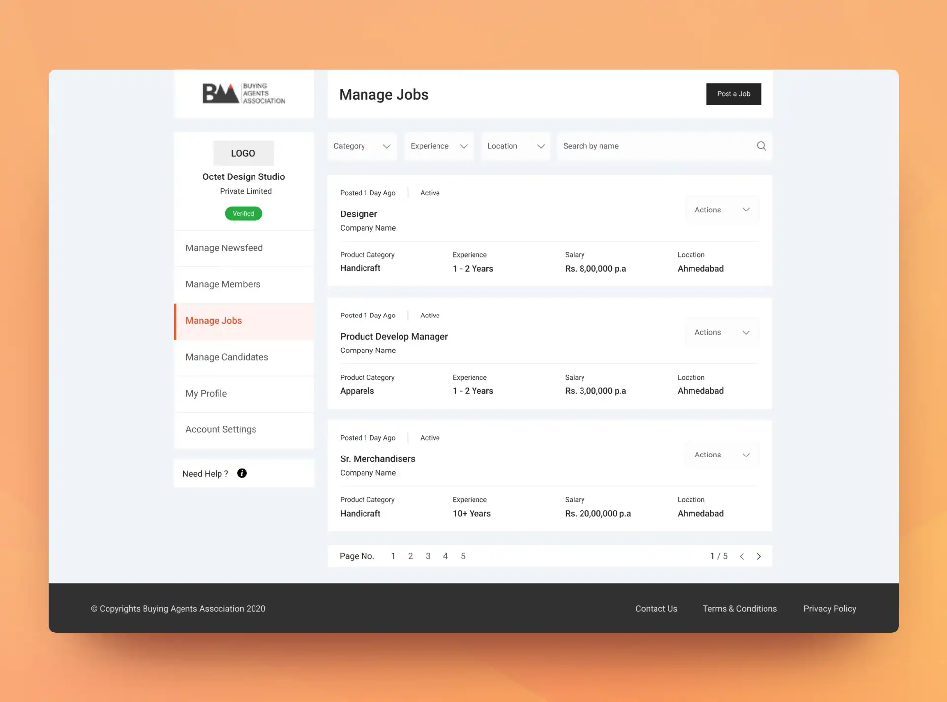 UI screen to manage jobs positions