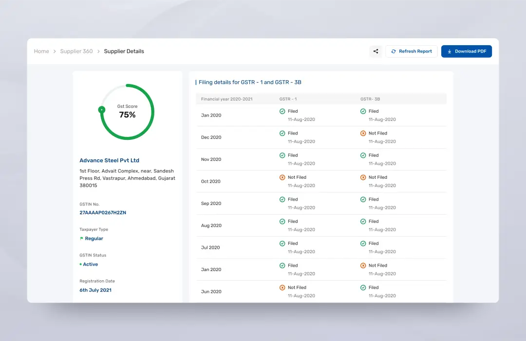 UI screen to show supplier details and GST compliance score