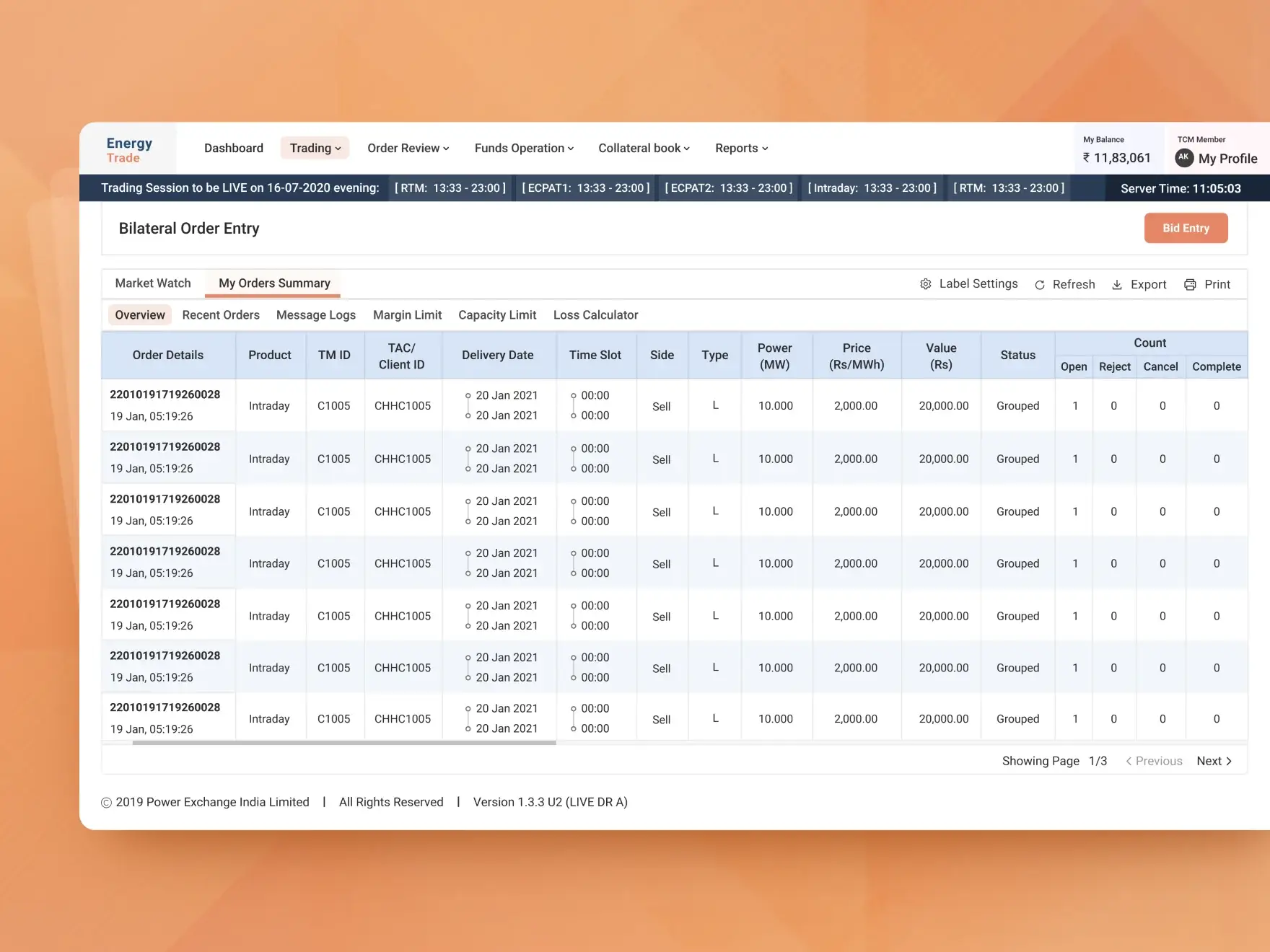 Order Summary UI screen for Energy Trading