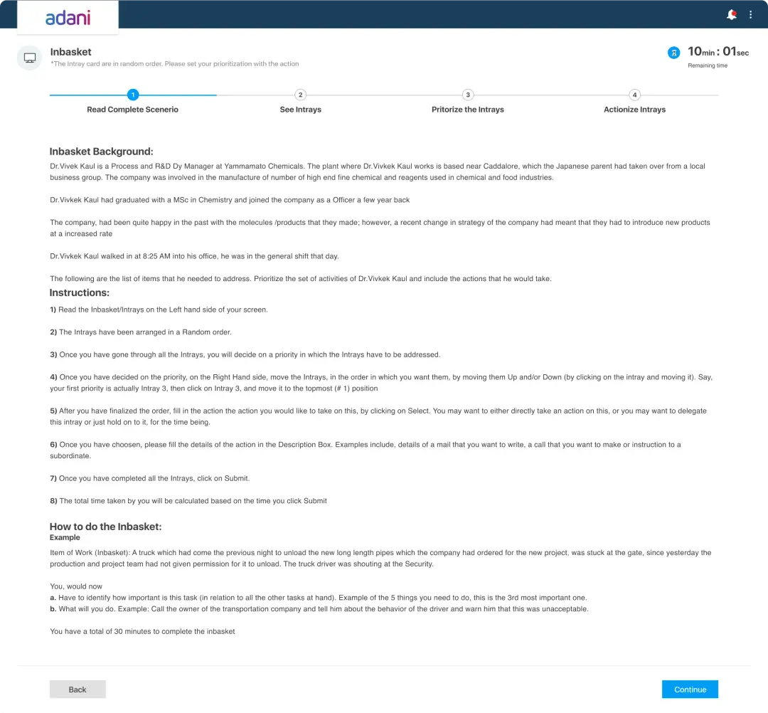 UI Screen of Inbasket assessment