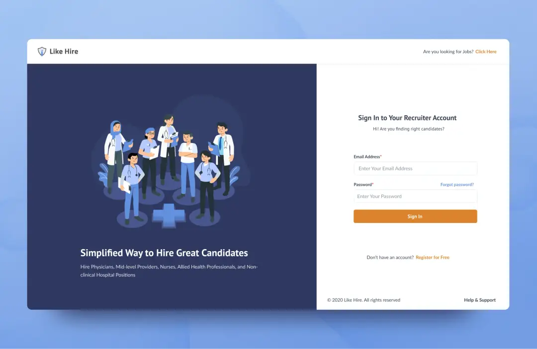 UI UX screen to login into job portal platform