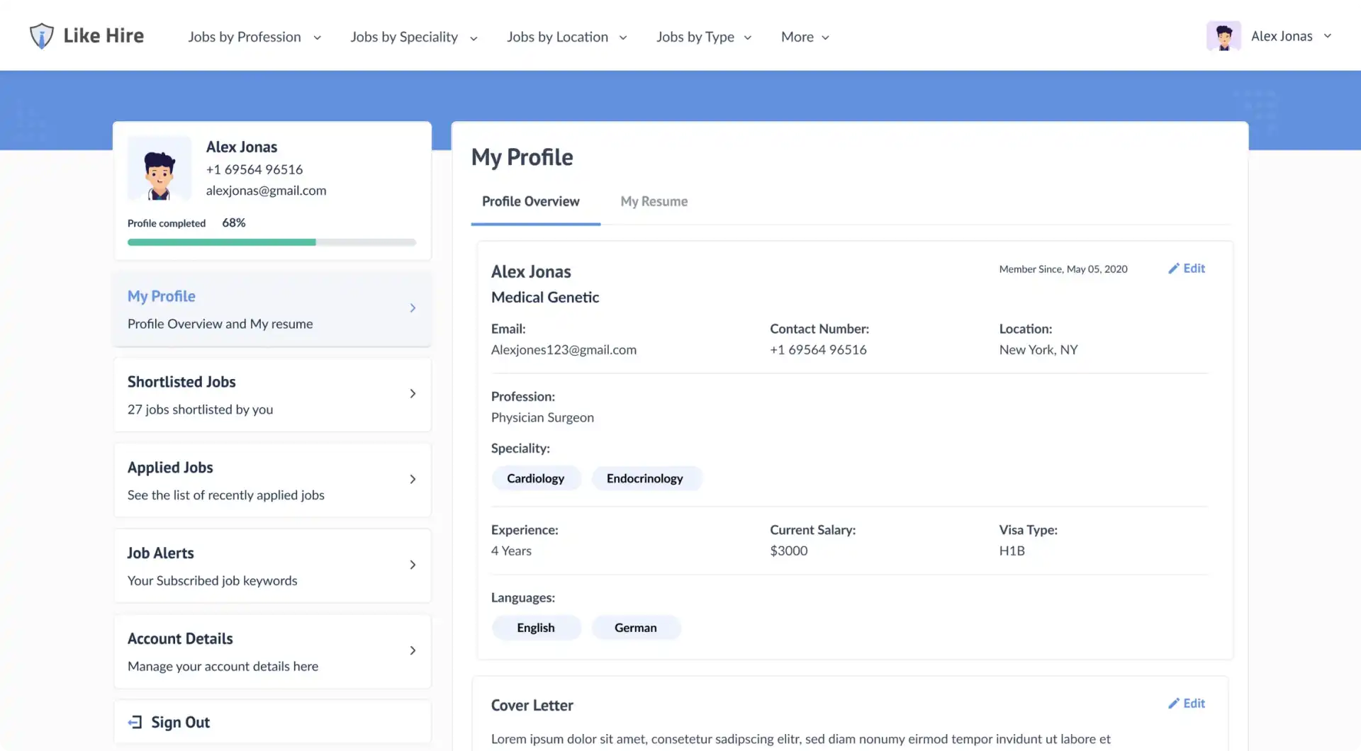 UI Screen to get profile overview of the candidate