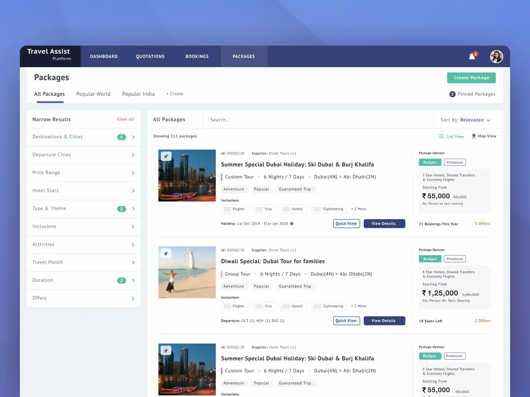 UI screen to check various travel packages