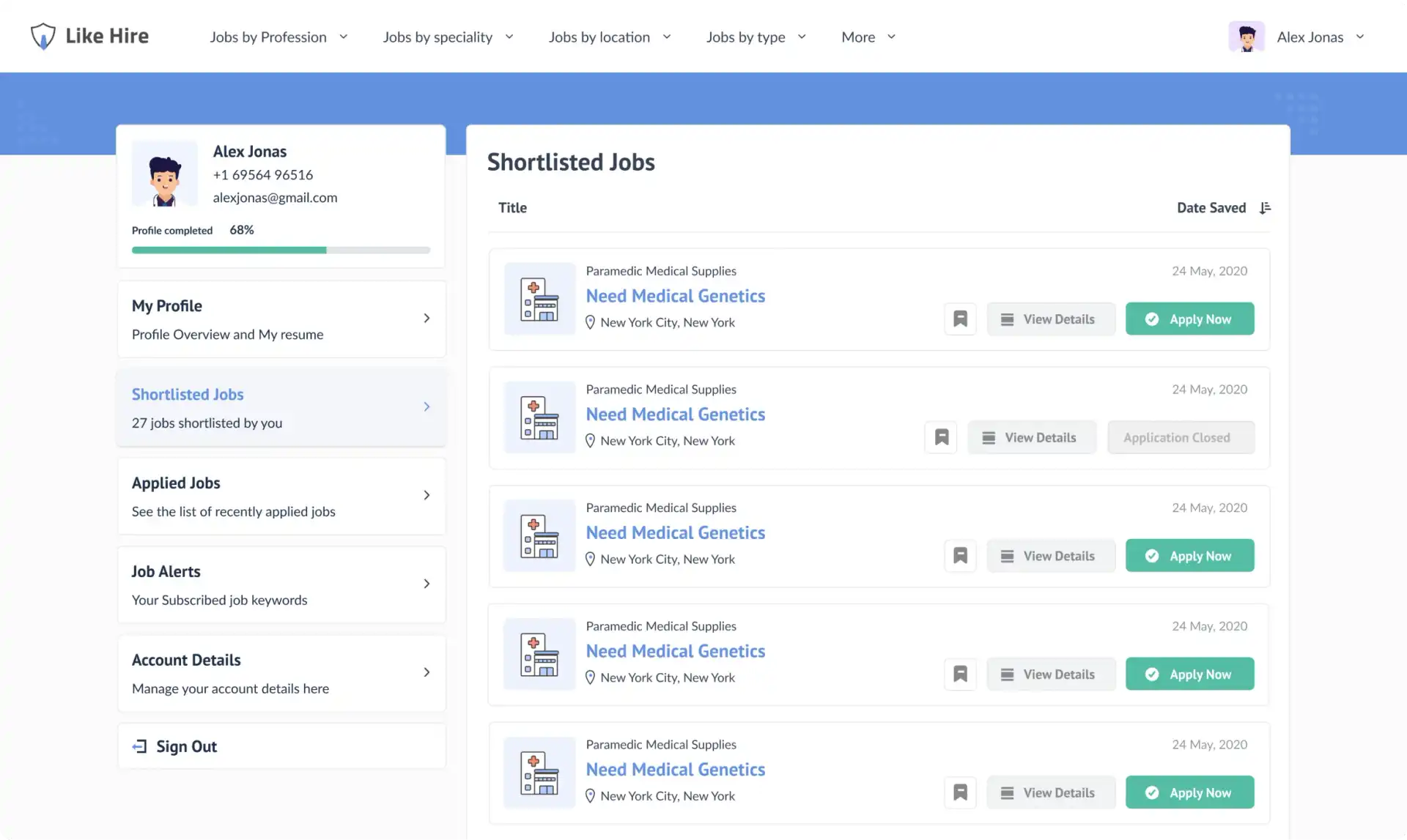 UI Screen to check the shortlisted jobs 