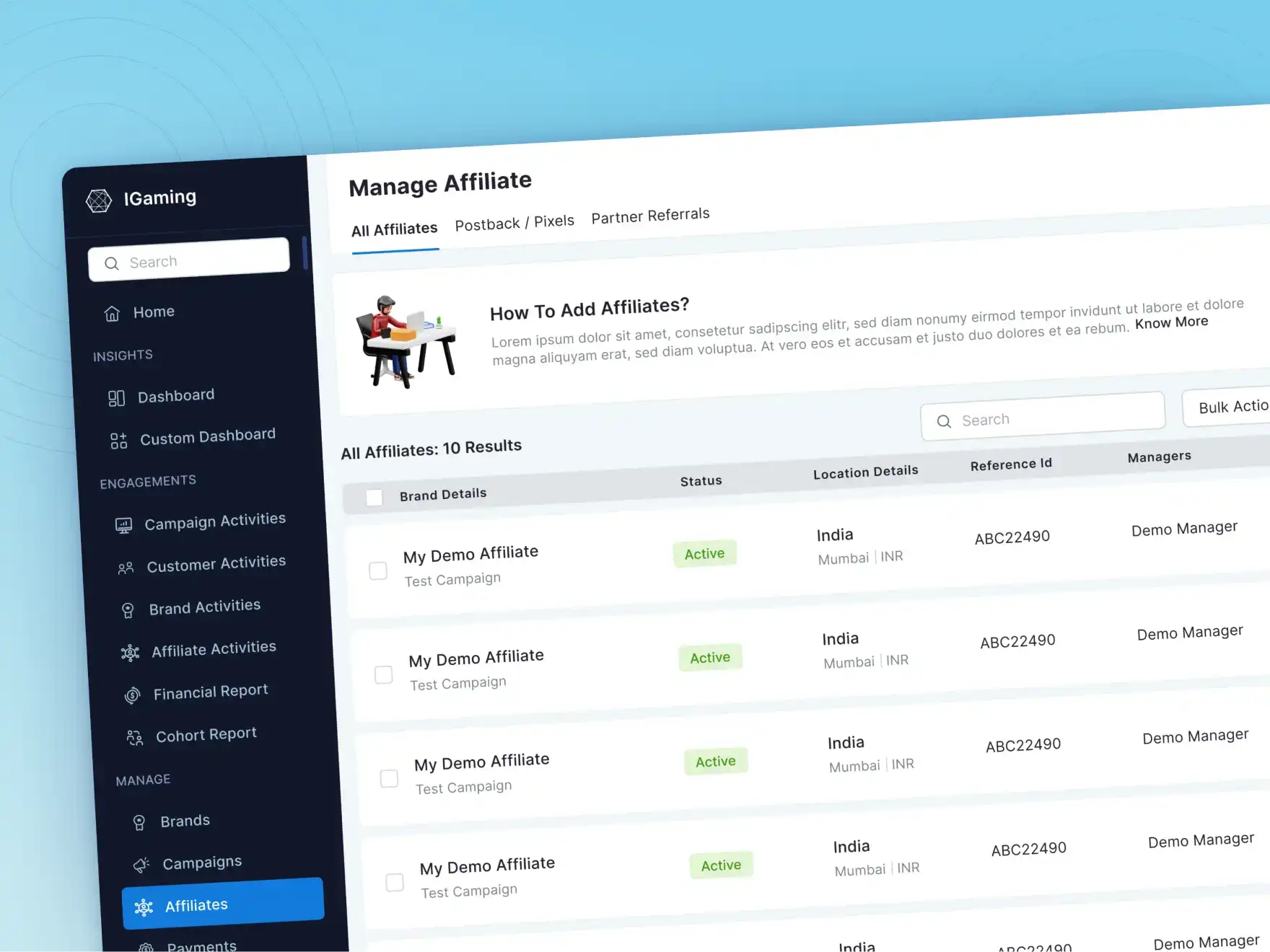 UI UX Screen to manage and track affiliates 